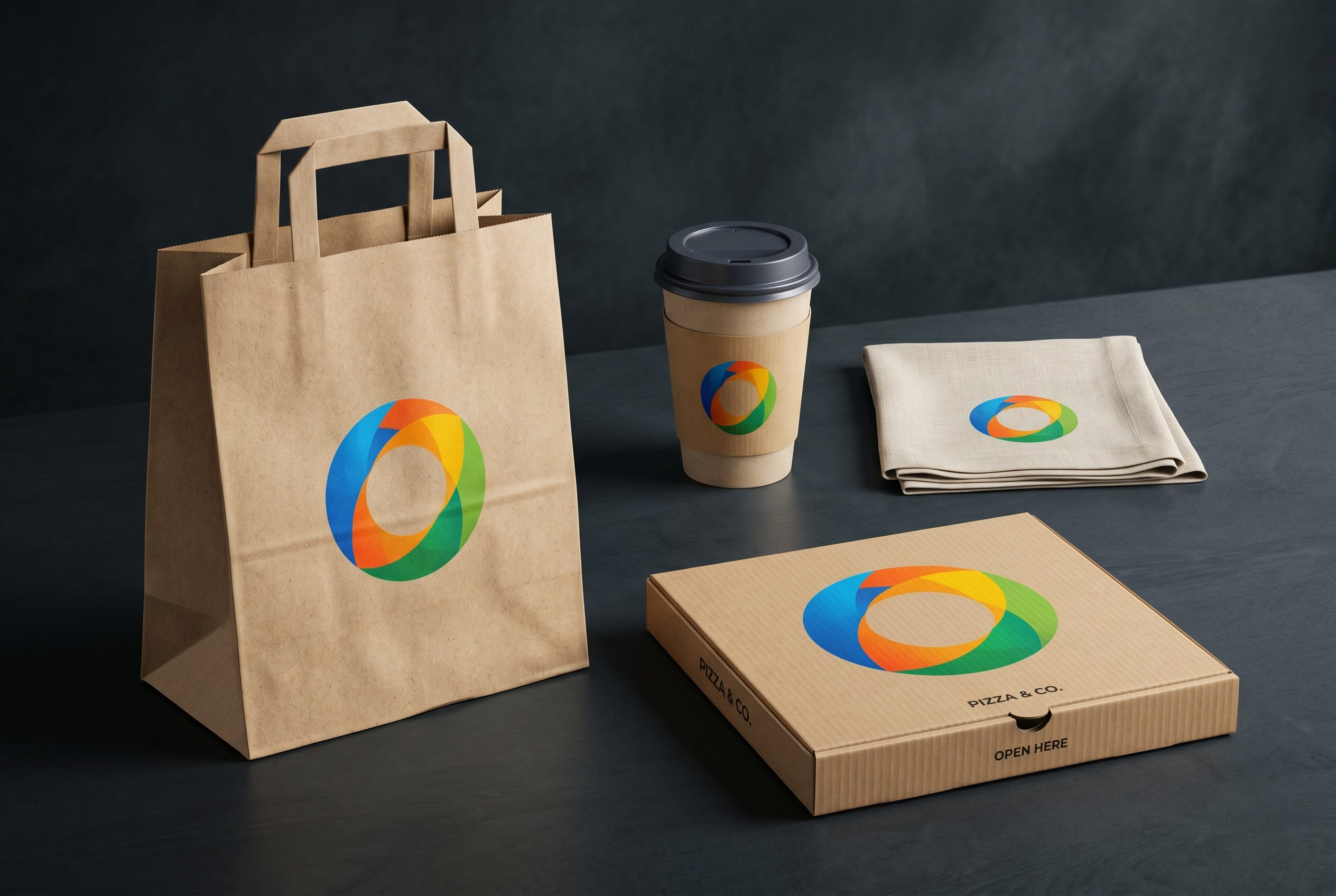 Kraft takeout bag, coffee cup, napkin and pizza box printed with a custom logo