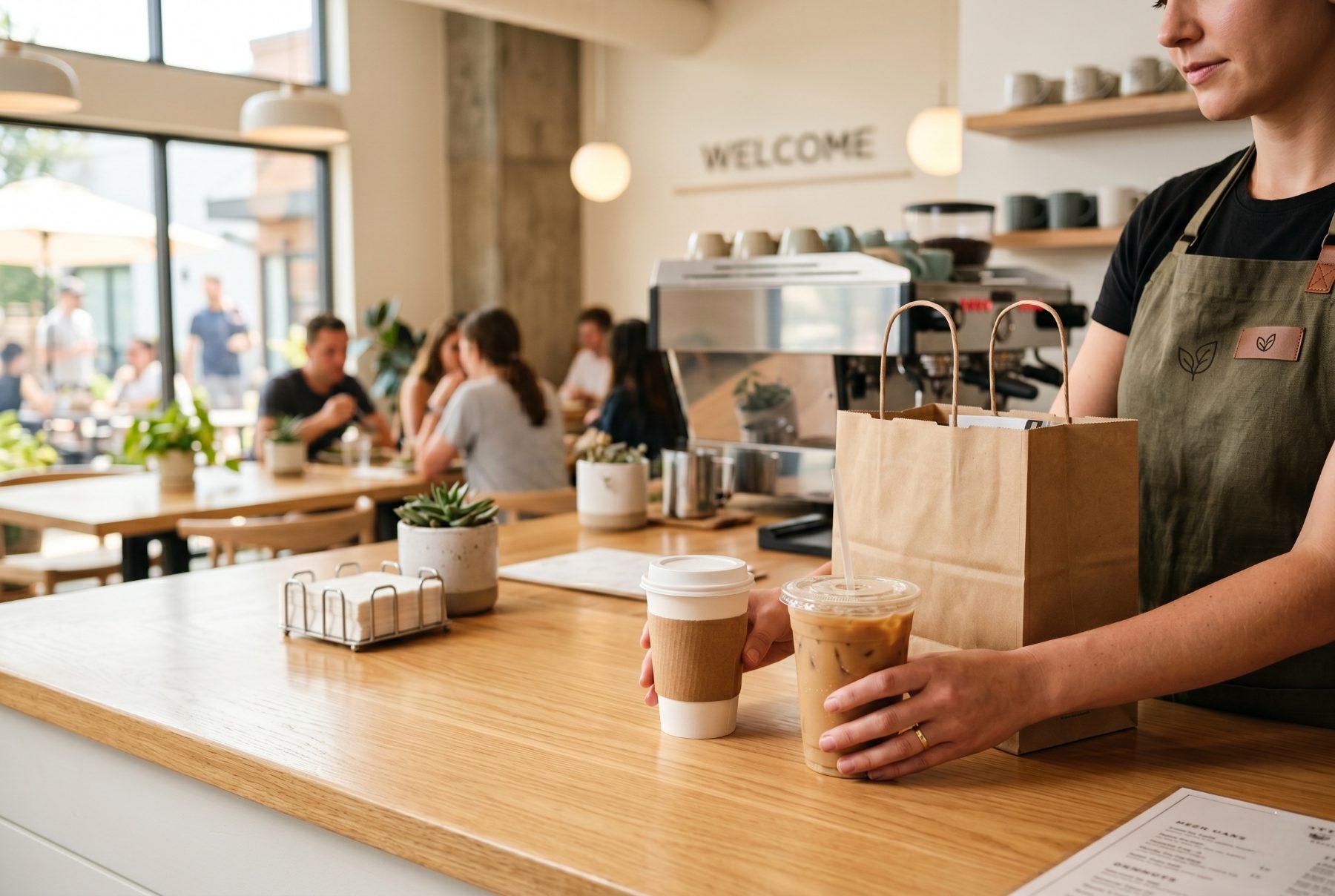 Barista handing over coffee and a takeout bag at a cafe counter